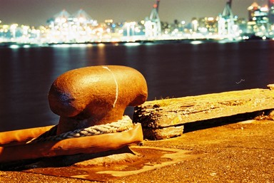 Haylee Killip; Untitled; Cool close up of ships rope tied up with Port in background at night taken from Devonport